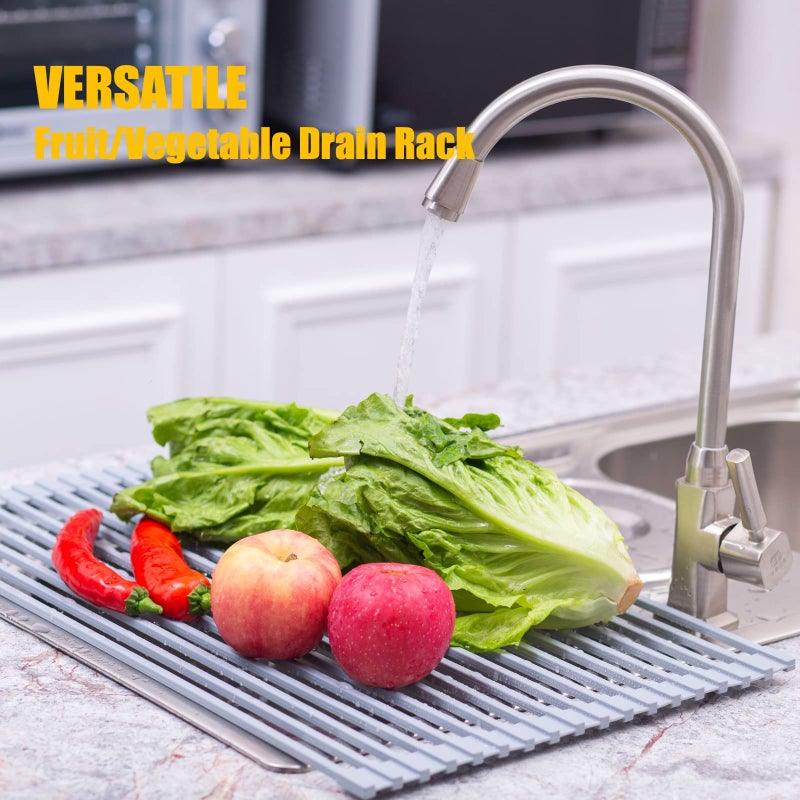 Mistifi Silicone-Coated Stainless Steel Over The Sink Multipurpose Roll-Up Dish Drying Rack, 20.8"X13.2", Heat Resistant Non Slip Dish Draining Rack BPA Free Dishwasher Safe (L, Gray) - Image 2