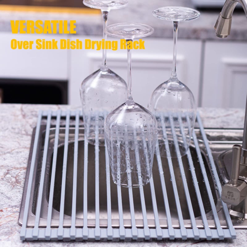 Mistifi Silicone-Coated Stainless Steel Over The Sink Multipurpose Roll-Up Dish Drying Rack, 20.8"X13.2", Heat Resistant Non Slip Dish Draining Rack BPA Free Dishwasher Safe (L, Gray) - Image 3