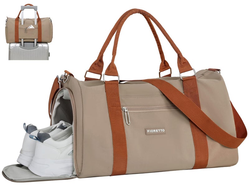 FIORETTO Womens Gym Tote Duffle Weekender Bag with Wet Pocket & Shoe Compartment, Ideal for Travel, Swimming, Dance, Khaki - Image 1