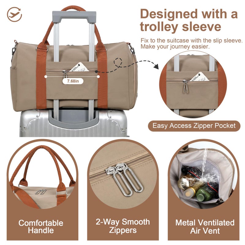 FIORETTO Womens Gym Tote Duffle Weekender Bag with Wet Pocket & Shoe Compartment, Ideal for Travel, Swimming, Dance, Khaki - Image 4