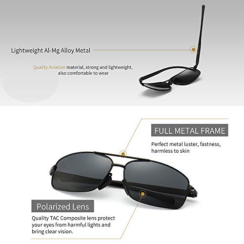 SUNGAIT نظارات شمسية بولارية خفيفة الوزن للغاية مستطيلة للرجال حماية UV400 (إطار أسود عدسة رمادية، 62) إطار معدني 2458 HKH - Image 3