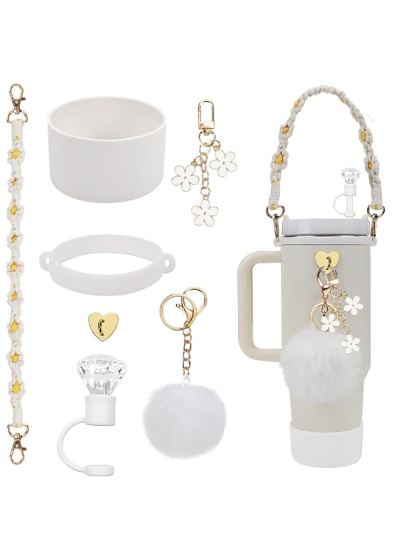 HOUSE OF QUIRK - House of Quirk 7 Accessories Set Including Water Bottle Handle Strap, Silicone Cup Boot, Silicone Straw Cover, Tumbler Charms for Tumbler Cup 40oz & 30oz Tumbler (White, Tumbler Not Included) - Image 1