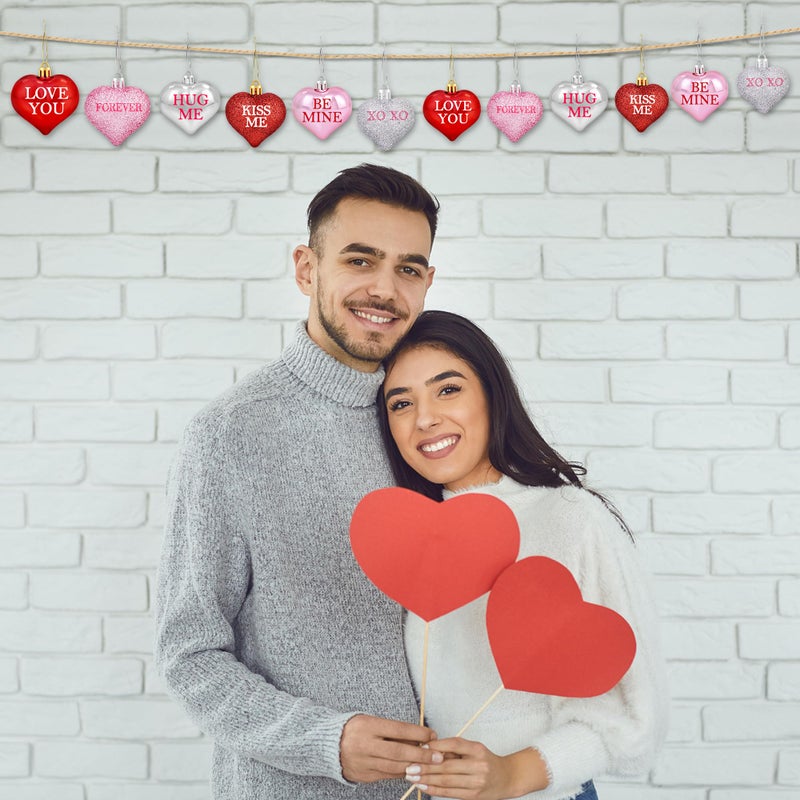 Partyprops 24Pcs Valentine's Day Glitter Heart Shaped Ornaments- Valentines Decorations- Red Pink Silver Heart Baubles for Home Tree - Valentines Conversation Heart Decorations Christmas Tree Hanging Ornaments - Image 4