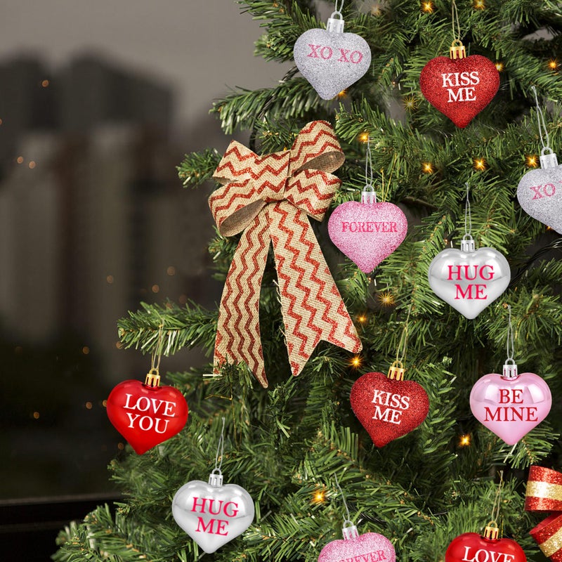Partyprops 24Pcs Valentine's Day Glitter Heart Shaped Ornaments- Valentines Decorations- Red Pink Silver Heart Baubles for Home Tree - Valentines Conversation Heart Decorations Christmas Tree Hanging Ornaments - Image 5