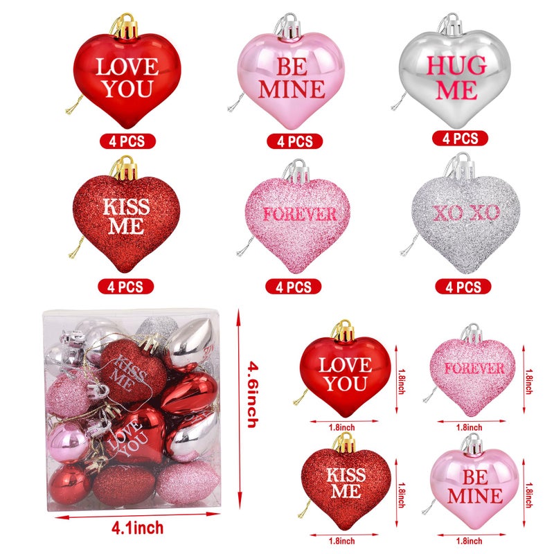 Partyprops 24Pcs Valentine's Day Glitter Heart Shaped Ornaments- Valentines Decorations- Red Pink Silver Heart Baubles for Home Tree - Valentines Conversation Heart Decorations Christmas Tree Hanging Ornaments - Image 3