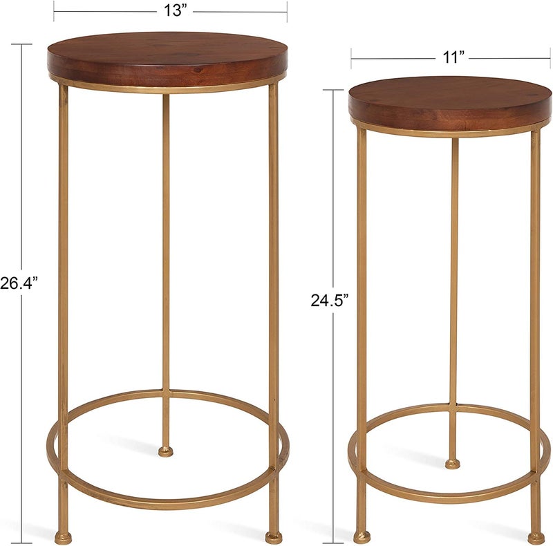 INDIAN DECOR INDIAN DECOR RW705 Metal and Wood Nesting Tables 2 Piece Set Walnut Top with Gold Base  - Image 3