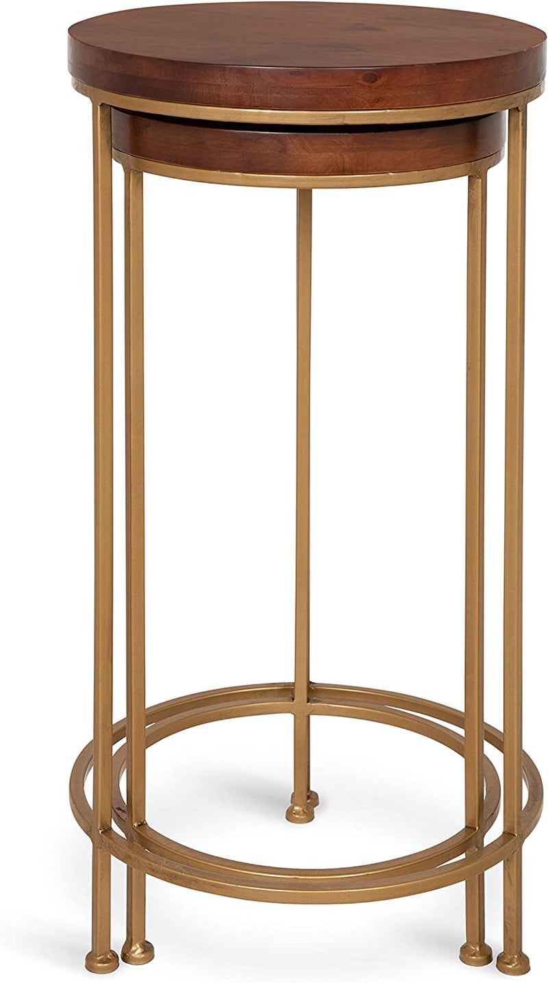 INDIAN DECOR INDIAN DECOR RW705 Metal and Wood Nesting Tables 2 Piece Set Walnut Top with Gold Base  - Image 5