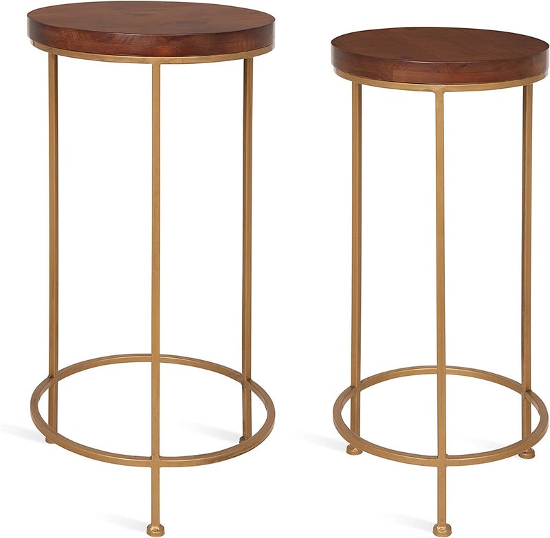 INDIAN DECOR INDIAN DECOR RW705 Metal and Wood Nesting Tables 2 Piece Set Walnut Top with Gold Base  - Image 4