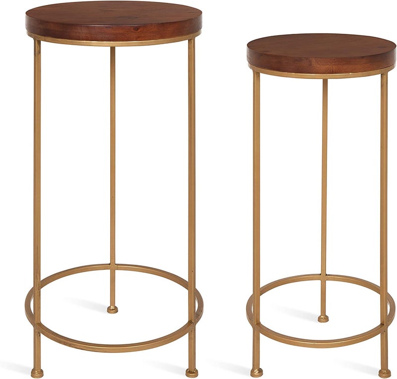 INDIAN DECOR INDIAN DECOR RW705 Metal and Wood Nesting Tables 2 Piece Set Walnut Top with Gold Base  - Image 1
