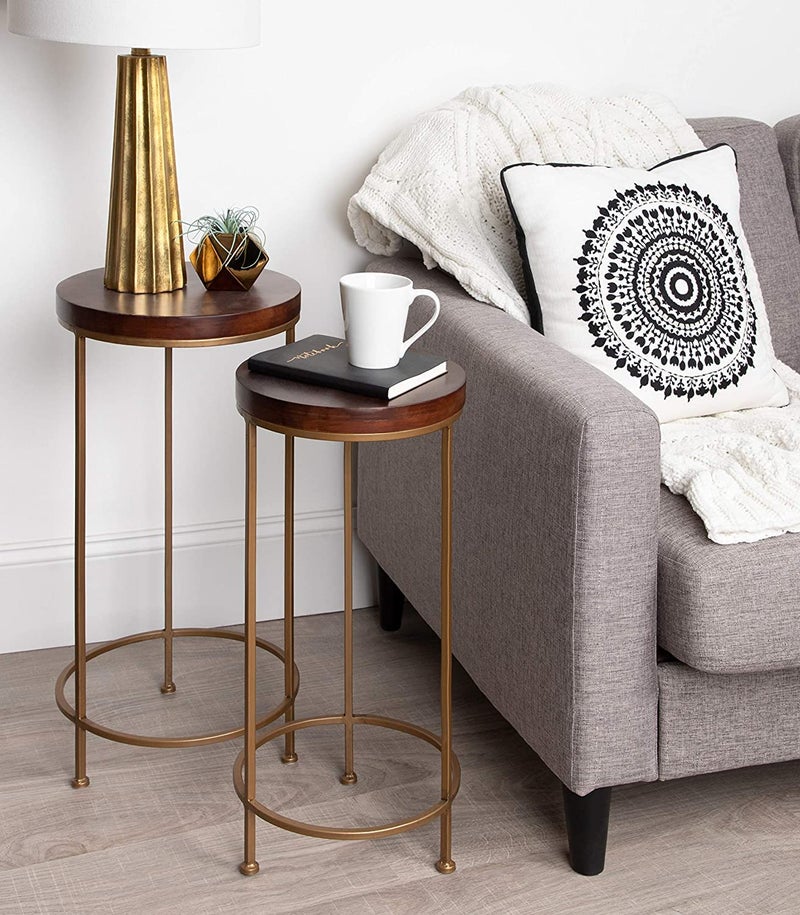 INDIAN DECOR INDIAN DECOR RW705 Metal and Wood Nesting Tables 2 Piece Set Walnut Top with Gold Base  - Image 2