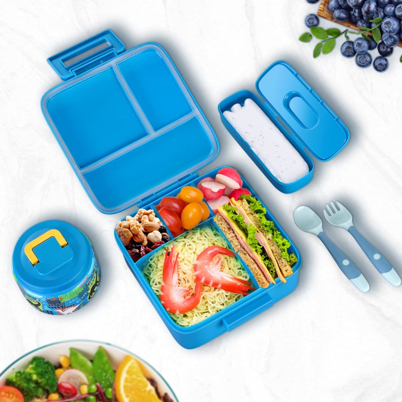 JXXM Bento Lunch Box for Kids With 8oz Soup thermo,Leak-proof Lunch Containers with 5 Compartment,thermo Food Jar and Lunch Bag, Food Containers for School (A-Blue(Dinosaur)) - Image 2