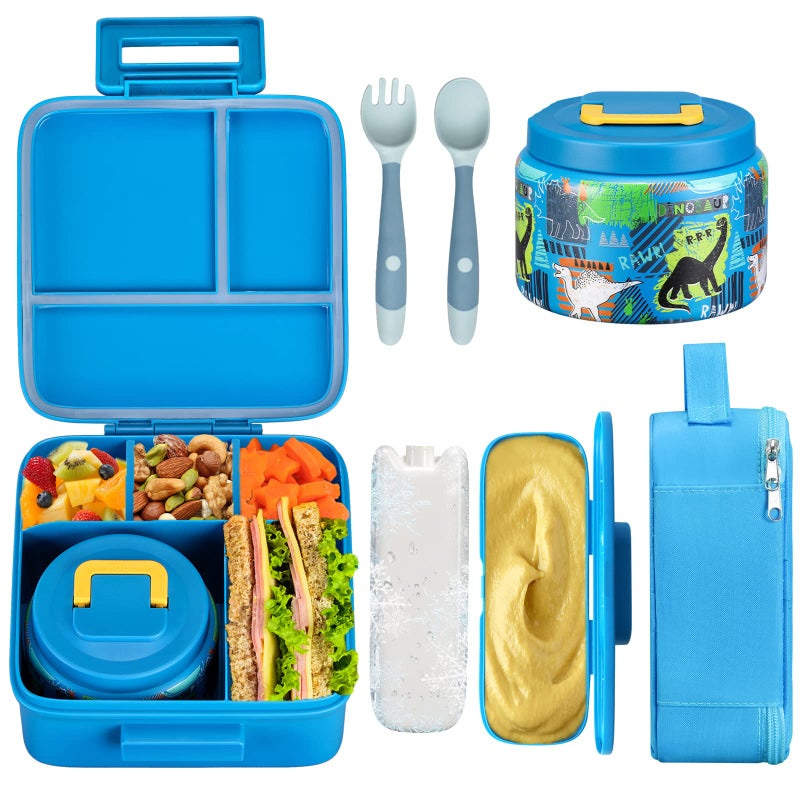 JXXM Bento Lunch Box for Kids With 8oz Soup thermo,Leak-proof Lunch Containers with 5 Compartment,thermo Food Jar and Lunch Bag, Food Containers for School (A-Blue(Dinosaur)) - Image 1