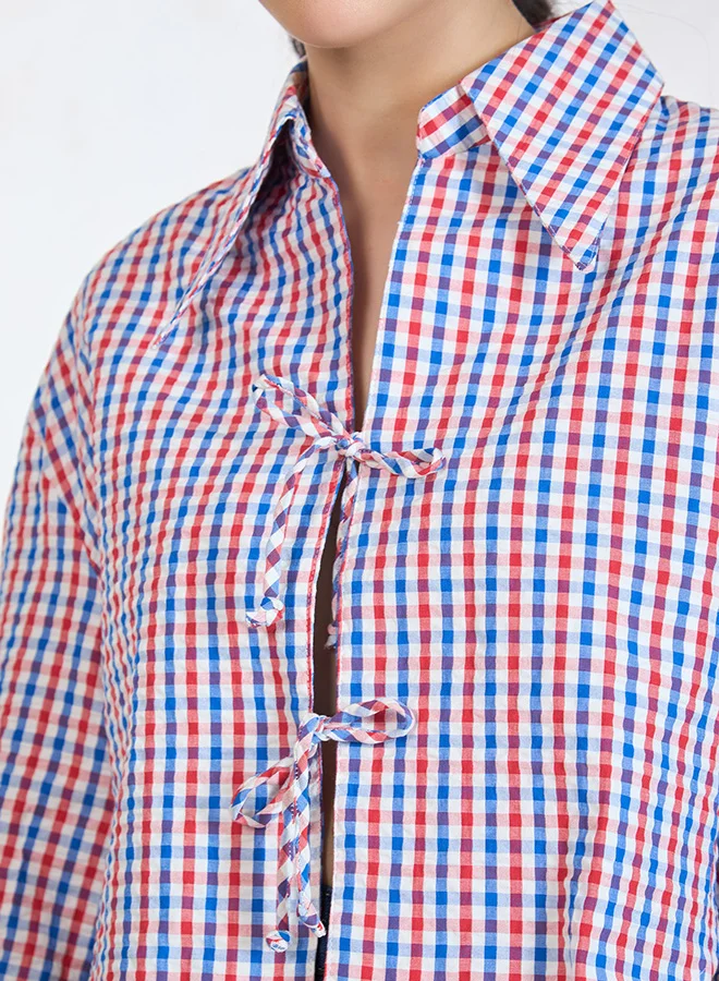 فيرجيو قميص كاروهات قطن 100% من فيرجيو بربطة أمامية