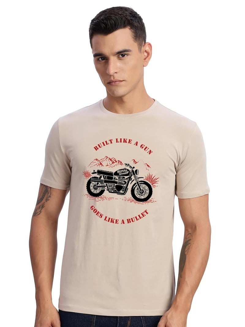 ADRO Men's Royal Bike Design Printed 100% Cotton T-Shirt - Regular Fit, Beige - Image 1