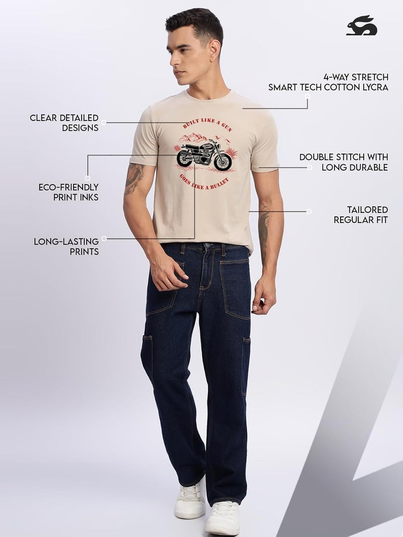 ADRO Men's Royal Bike Design Printed 100% Cotton T-Shirt - Regular Fit, Beige - Image 5