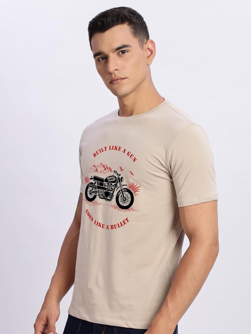 ADRO Men's Royal Bike Design Printed 100% Cotton T-Shirt - Regular Fit, Beige - Image 4