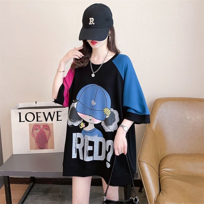 2024 Loose Salt Style Lazy Style Contrast Color Stitching Cartoon Fashion Design Round Neck T-Shirt For Women Outside - Image 1