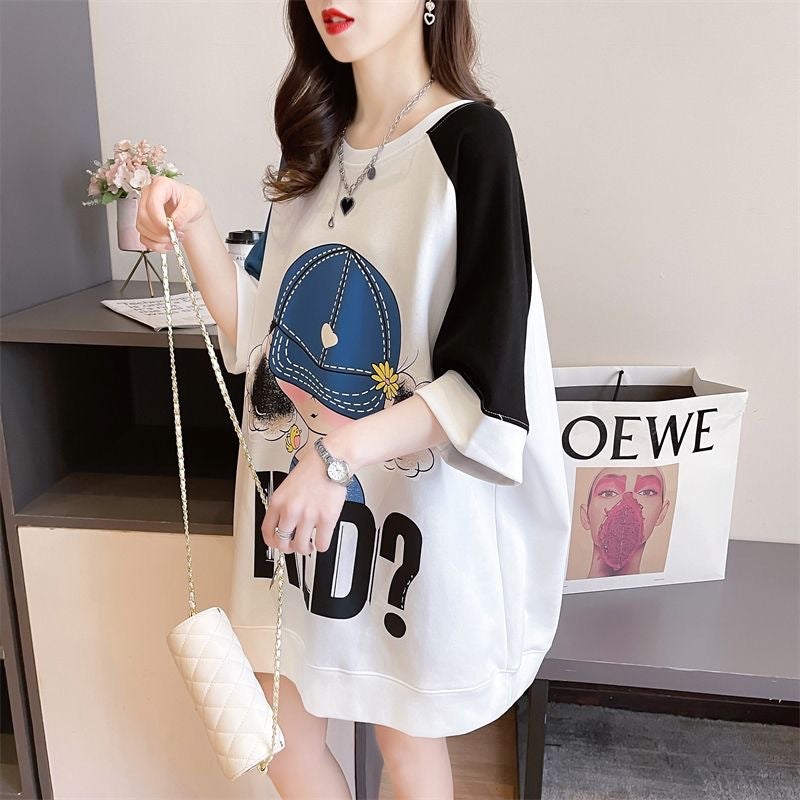 2024 Loose Salt Style Lazy Style Contrast Color Stitching Cartoon Fashion Design Round Neck T-Shirt For Women Outside - Image 4