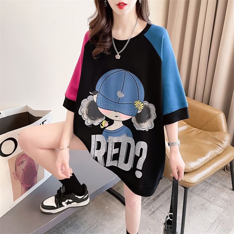 2024 Loose Salt Style Lazy Style Contrast Color Stitching Cartoon Fashion Design Round Neck T-Shirt For Women Outside - Image 3
