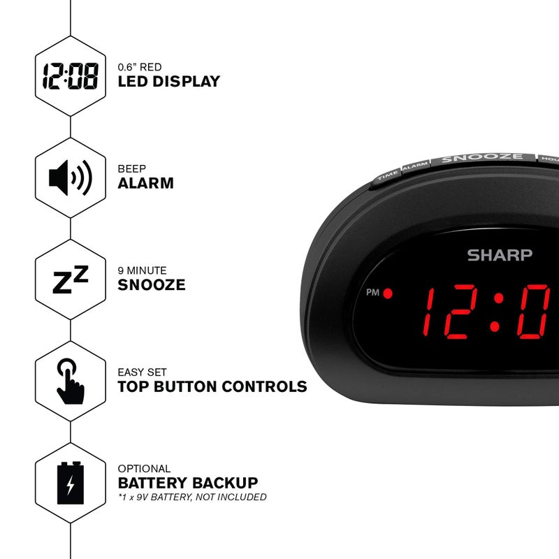 Sharp Small, Space-Saving Digital Alarm Clock â€“ Compact Bedside Clock with Large Red LED Display, Easy Top Button Controls, Snooze, and Battery Backup â€“ Perfect for Bedroom, Dorm, or Travel - Image 2