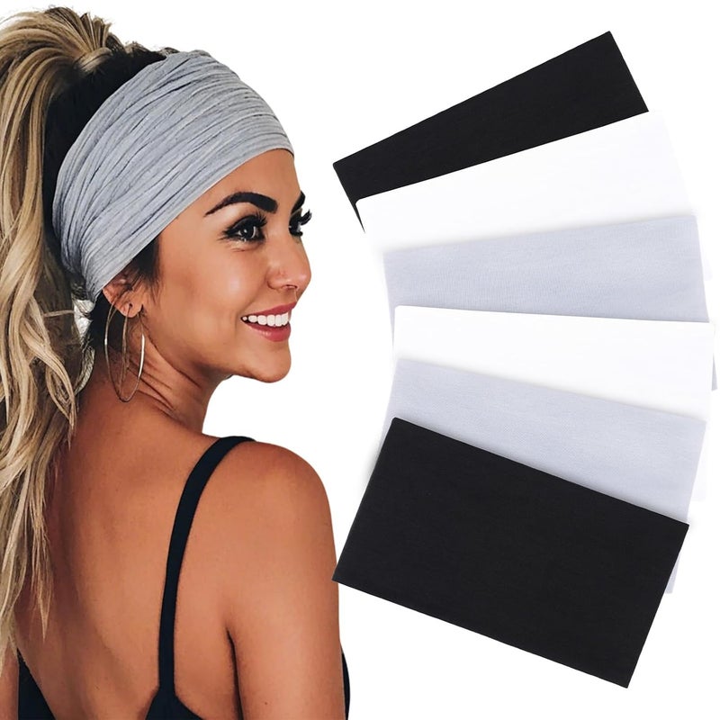 XTREND 6 Pcs Headbands for Women Extra wide Fashion Headband Hair Band Workout Running Sport Non Slip Sweat Turban Girls Accessories Black Light Gray White