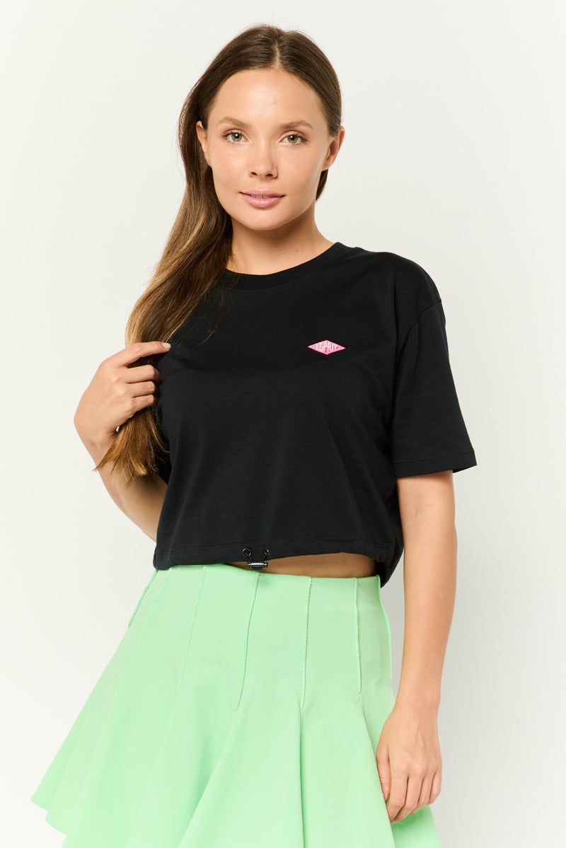 ESPRIT تي شيرت قصير الأكمام بقلنسوة للنساء مع شعار مطرز، أسود - Image 1