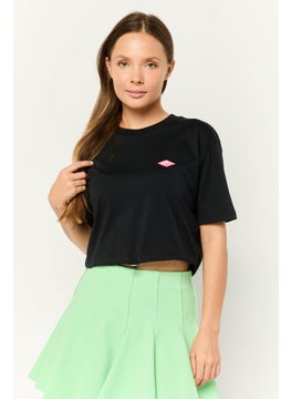 ESPRIT Women Crew Neck Short Sleeve Embroidered Logo Crop Top, Black  - Image 1