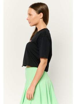 ESPRIT Women Crew Neck Short Sleeve Embroidered Logo Crop Top, Black  - Image 3
