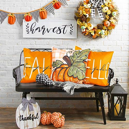 YUJUN 4 Pack Fall Pillow Covers Decoration,18x18in Buffalo Plaid Farmhouse Pumpkin Maple Leaves Thanksgiving Fall Throw Pillows Cushion Case Couch Decor for Autumn Home Outdoor Decorations - Image 5