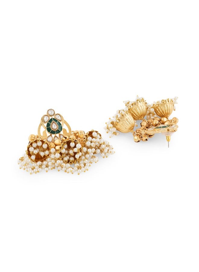Zaveri Pearls أقراط جومكا مزينة باللؤلؤ الأخضر من زافيري بيرلز - ZPFK22109 - Image 5