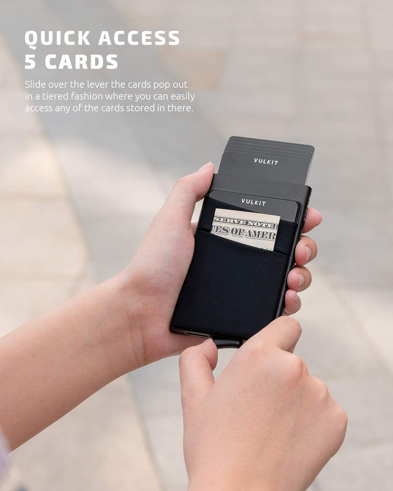 VULKIT VULKIT Card Holder with Money Pocket Pop Up Wallet RFID Blocking Slim Metal Bank Card Case Holds 5 Cards and Notes(Black)  - Image 2