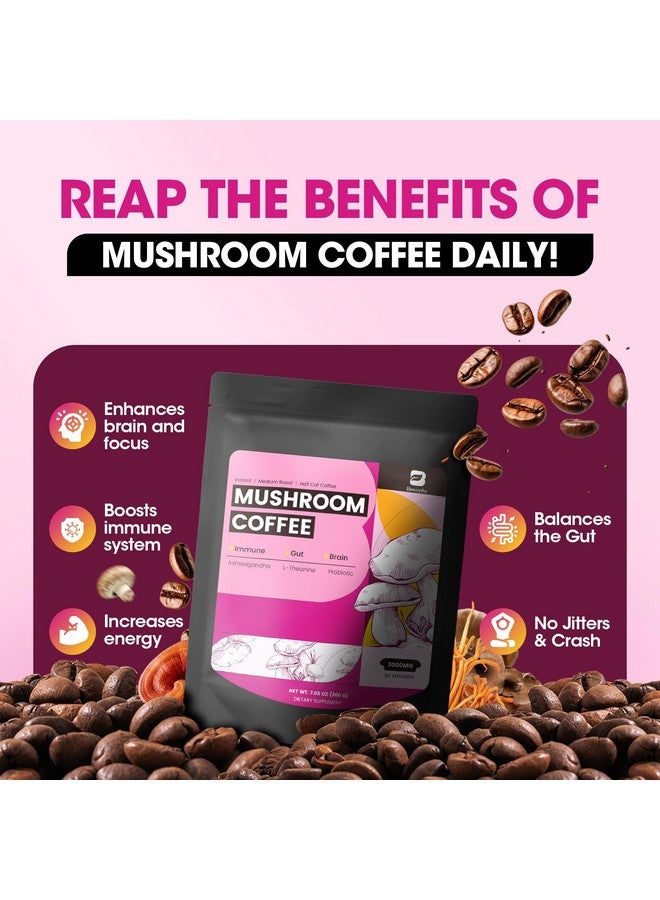 B BEWORTHS قهوة بيوورثس بالفطر، مسحوق قهوة الفطر النحيف مع الأشواغاندا، وذيل الأسد، وريشي، وبريبايوتيك، وL-theanine، وشاجا، وذيل الديك الرومي، قهوة أرابيكا سريعة التحضير مختلطة للتركيز، المناعة والهضم - Image 2