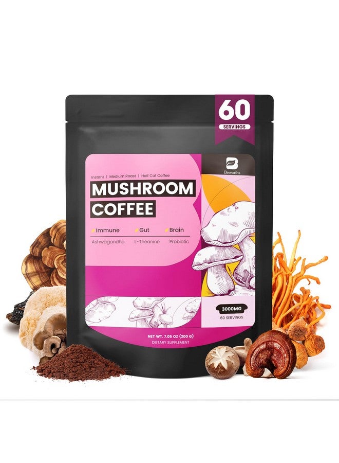 B BEWORTHS قهوة بيوورثس بالفطر، مسحوق قهوة الفطر النحيف مع الأشواغاندا، وذيل الأسد، وريشي، وبريبايوتيك، وL-theanine، وشاجا، وذيل الديك الرومي، قهوة أرابيكا سريعة التحضير مختلطة للتركيز، المناعة والهضم - Image 1