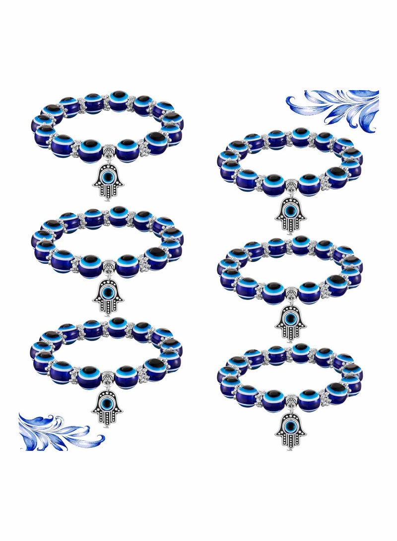 KASTWAVE 6 Pieces Eye Beaded Charm Bracelets Blue Eye Bead Stretch Bracelet Hand of Fatima Turkish Lucky Bracelet for Women Men for Protection and Blessing (Blue, 8 mm, 10 mm) - Image 1