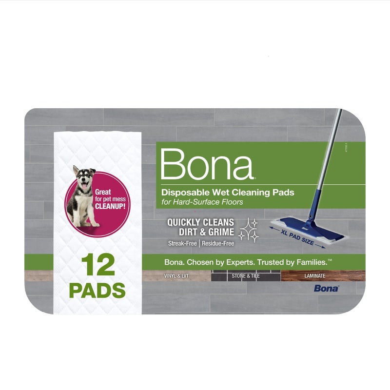 Bona MultiSurface Floor Disposable Wet Cleaning Pads 12Pack ResidueFree Floor Cleaning Solution for Stone Tile Laminate and Vinyl Floors