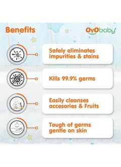 OYO BABY منظف سائل مضاد للبكتيريا للأطفال ؛ يقتل 99.9% من الجراثيم ؛ منظف غذائي ؛ منظف زجاجات الأطفال ؛ منظف حلمات ؛ منظف ألعاب الأطفال ؛ منظف للم Accessories والخضروات 1 لتر  - Image 4