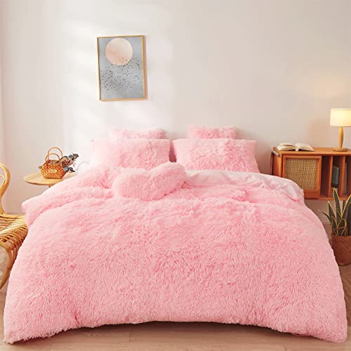 FOPPA Fluffy comforters Cover Twin Size - Ultra Soft Plush Pink Bedding Sets 2 Pieces (1 Faux Fur Comforter Cover + 1 Fuzzy Pillow case) Girls Shaggy Pink Twin Bed Set (Light Pink, Twin) - Image 1
