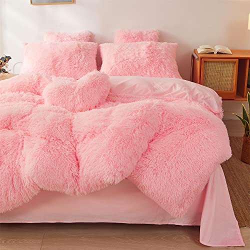FOPPA Fluffy comforters Cover Twin Size - Ultra Soft Plush Pink Bedding Sets 2 Pieces (1 Faux Fur Comforter Cover + 1 Fuzzy Pillow case) Girls Shaggy Pink Twin Bed Set (Light Pink, Twin) - Image 4