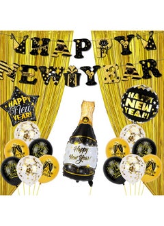 HOWAF Happy New Year Party Decoration Supplies Happy New Year Banner Foil Balloons Latex Balloons Gold Foil Fringe Curtain New Years Eve Party Decorations Set Photography Background Black And Gold  - Image 1