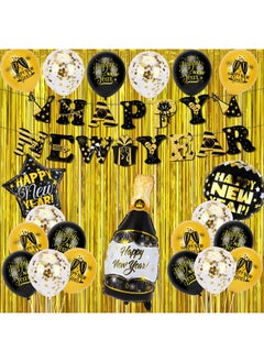 HOWAF Happy New Year Party Decoration Supplies Happy New Year Banner Foil Balloons Latex Balloons Gold Foil Fringe Curtain New Years Eve Party Decorations Set Photography Background Black And Gold  - Image 2