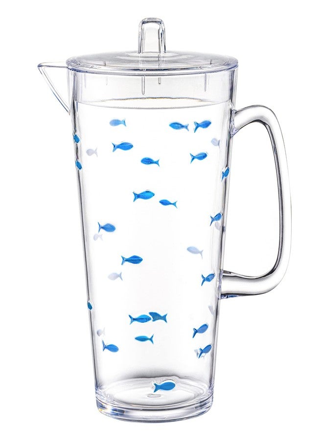 KLIFA- CHARLESTON- 85 oz, Acrylic Fishing Water Pitcher, School of Fish Jug, Shatter-proof Pitcher with Lid, BPA-Free, Plastic Drinkware, Clear with Dark Blue Printing, 1 piece. - Image 1