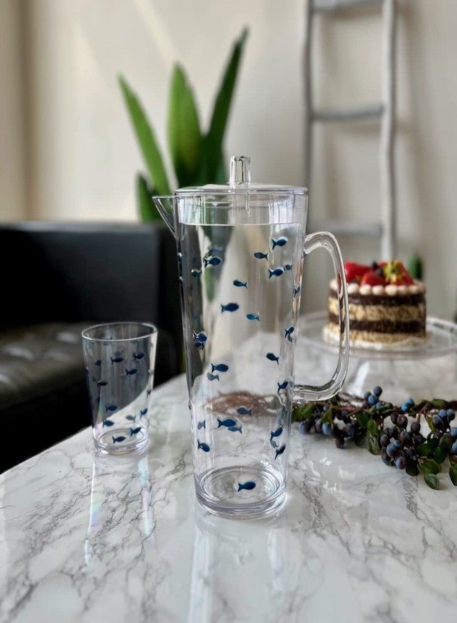 KLIFA- CHARLESTON- 85 oz, Acrylic Fishing Water Pitcher, School of Fish Jug, Shatter-proof Pitcher with Lid, BPA-Free, Plastic Drinkware, Clear with Dark Blue Printing, 1 piece. - Image 2