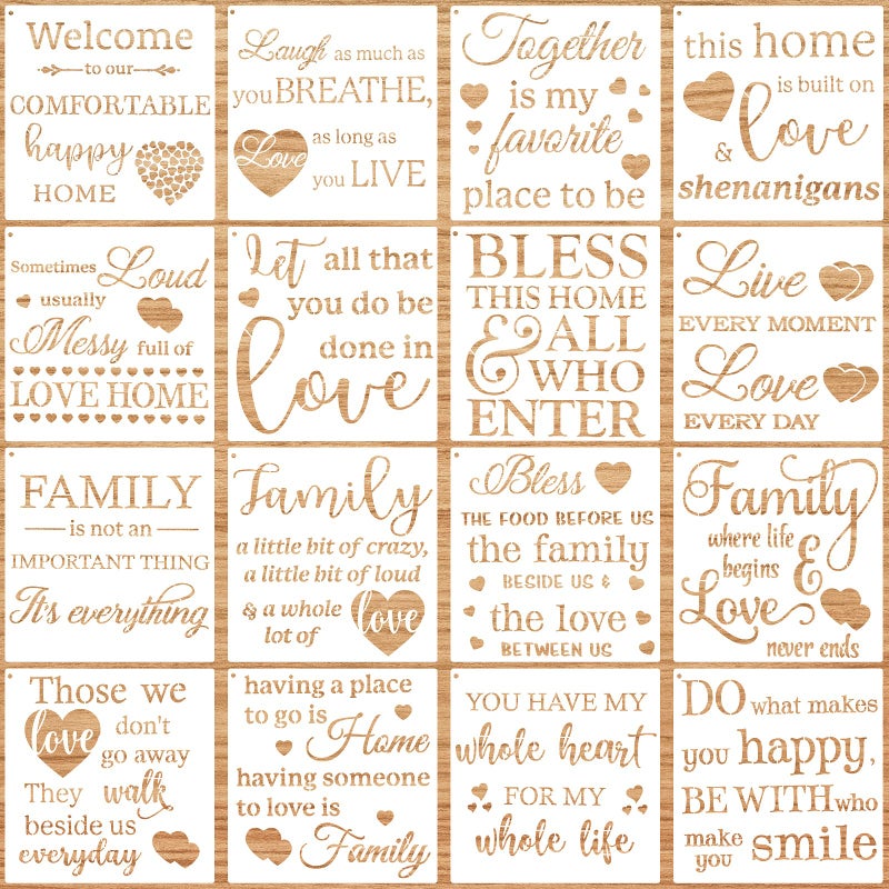 16 Pieces Inspirational Word Stencils Family Sign Stencils Reusable Painting Stencils Love Home Template with Metal Open Ring for Painting on Wood Porch Front Door Wall Decor 787 x 787 Inch