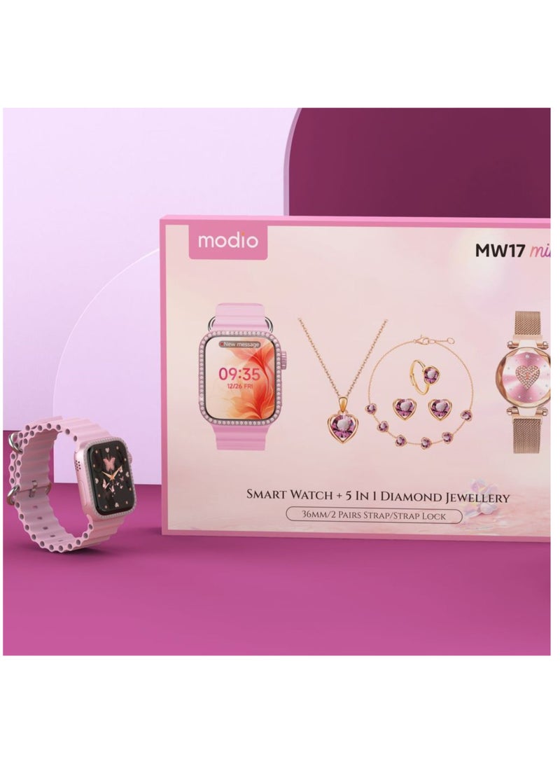 موديو ساعة ذكية صغيرة MW17 مزودة بمجوهرات ألماس 5 في 1، وجهاز تتبع اللياقة البدنية، ومعدل ضربات القلب، ووضع الرياضة، ومقاومة للماء، ومتوافقة مع نظامي Android وiOS - تصميم أنيق - Image 2