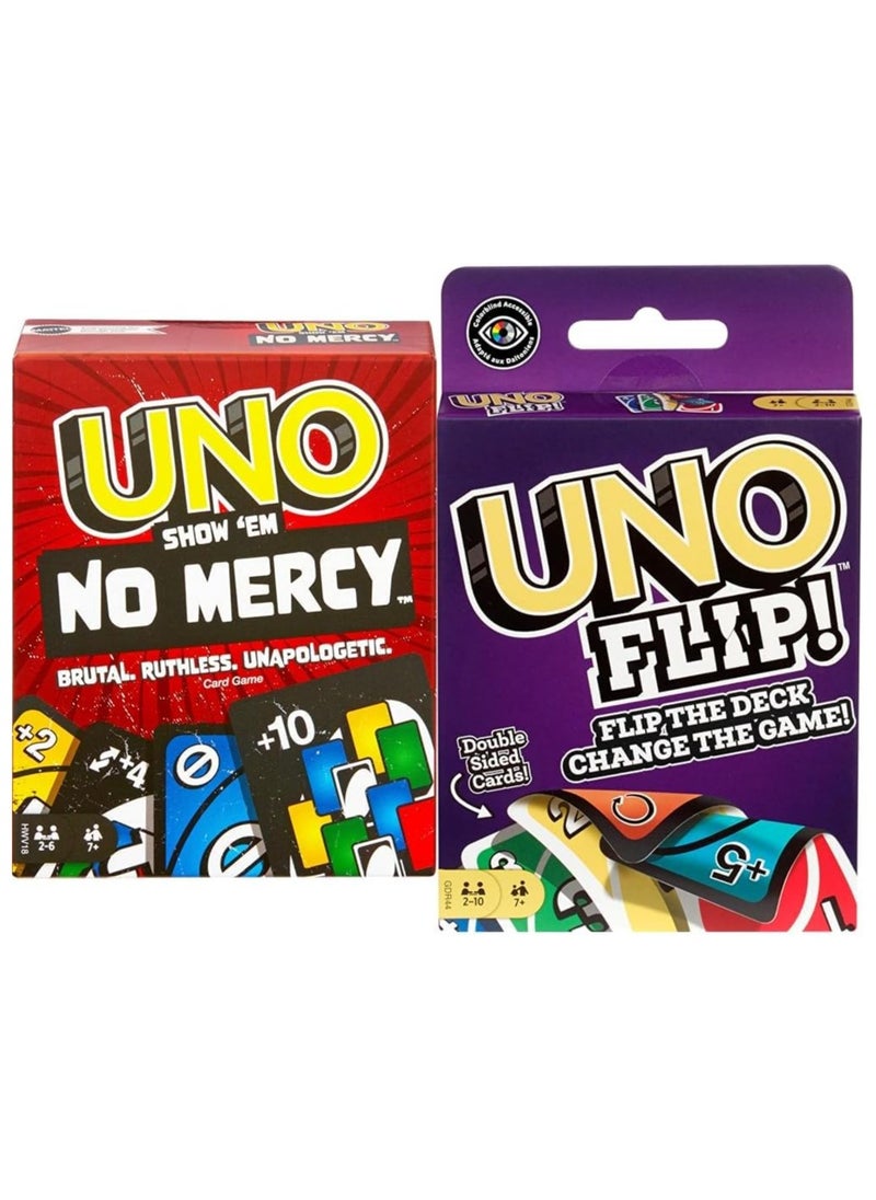 UNO FLIP! Card Game with Double-Sided Card Deck for Families & Game Nights, Ages 7 Years & Older + UNO Show ‘em No Mercy Card Game for Kids 