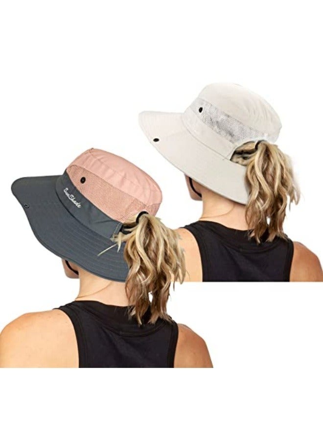 NIBEMINENT Women's Outdoor UV-Protection-Foldable Sun-Hats Mesh Wide-Brim Beach Fishing Hat with Ponytail-Hole - Image 1
