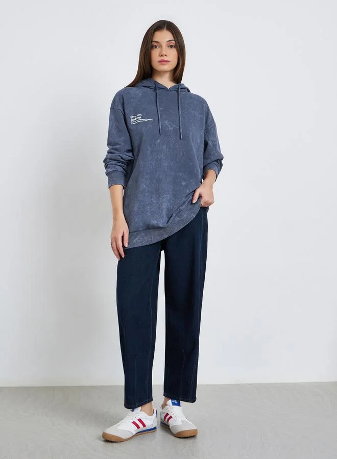 Styli Women Acid Wash Relaxed Fit Longline Hoodie