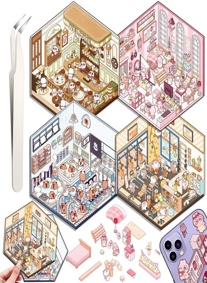Draupnir 4 Sets DIY 3D House Stickers, Fun DIY Stickers Scene Make Your Own Supermarket, Coffee Shop, Restaurant, Cute 3D Cartoon Scene Sticker Set for Relief Stress Pass The Time - Image 1