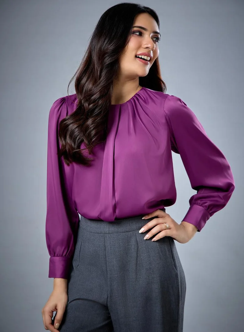 Zigzag Neck Detailed Purple Chiffon Top