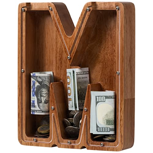ladenk Piggy Bank for Kids Boys Girls Wooden Large Letter Piggy Bank Alphabet Money Bank with Initial M Coin Bank Fun Gifts for Birthday Christmas Festival Baby Shower - Image 1
